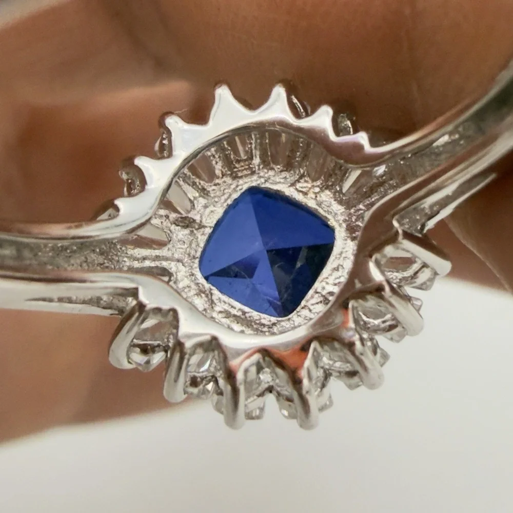 Vtg Saphire Halo Ring İLU 925 Sterling Silver Clear CZ 8.25